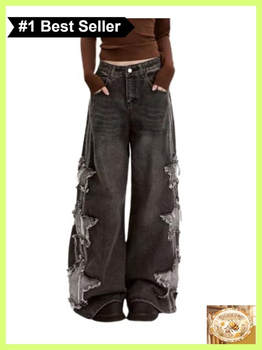 PEAINJ Star Patchwork Denim Jeans High Rise Wide Leg Baggy Y2K